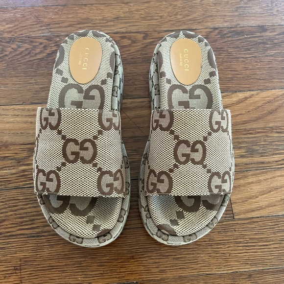 GUCCI GG maxi logo platform canvas Angelina slide sandals size 38.5 8.5 - Picture 2 of 11